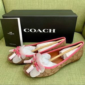 COACH Benni Ballet Signature Jacquard Flats (Khaki/Ruby, Size 5B)